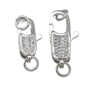 copper Lobster Clasp paved zircon, platinum plated, approx 7-22mm [FN28424-22MM]