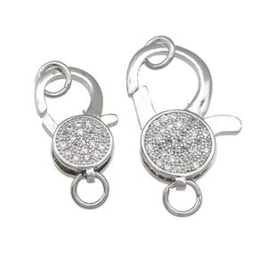copper Lobster Clasp paved zircon, platinum plated, approx 12-24mm [FN28430-12X24MM]