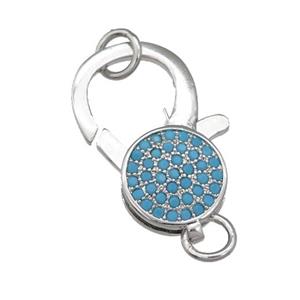 copper Lobster Clasp paved turq zircon, platinum plated, approx 9-18mm [FN28436]