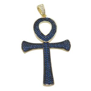 Copper Ankh Cross Pendant Pave Blue Zircon Gold Plated, approx 32-48mm [FN28463]