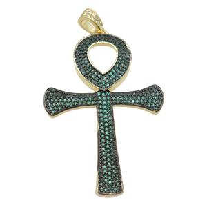 Copper Ankh Cross Pendant Pave Green Zircon Gold Plated, approx 32-48mm [FN28464]