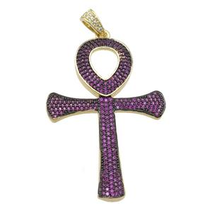 Copper Ankh Cross Pendant Pave Fuchsia Zircon Gold Plated, approx 32-48mm [FN28465]