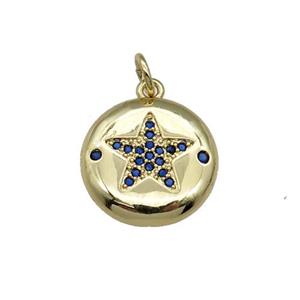 copper circle Star pendant pave blue zircon, gold plated, approx 15mm dia [FN28482]