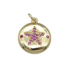 copper circle Star pendant pave hotpink zircon, gold plated, approx 15mm dia [FN28483]
