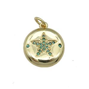copper circle Star pendant pave green zircon, gold plated, approx 15mm dia [FN28484]