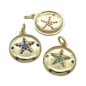 copper circle Star pendant pave zircon, gold plated, mixed, approx 15mm dia [FN28485]