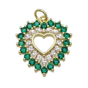 copper heart pendant paved green zircon, gold plated, approx 19-20mm [FN28489]