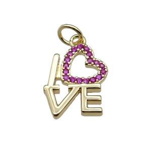 copper LOVE pendant pave zircon, heart, gold plated, approx 12-15mm [FN28492]