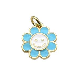 copper sunflower pendant with aqua enamel, happyface, gold plated, approx 13.5mm [FN28497]