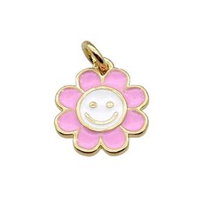 copper sunflower pendant with pink enamel, happyface, gold plated, approx 13.5mm [FN28498]