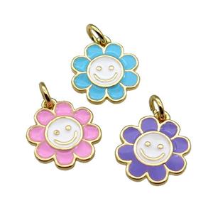 copper sunflower pendant with enamel, happyface, gold plated, mixed, approx 13.5mm [FN28501]