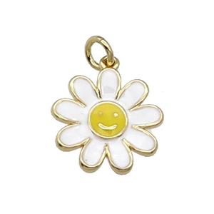 copper daisy flower pendant with white enamel, happyface, gold plated, approx 15mm [FN28502]