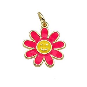 copper daisy flower pendant with red enamel, happyface, gold plated, approx 15mm [FN28503]