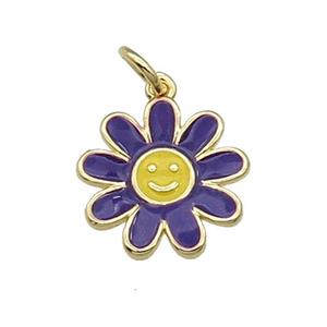copper daisy flower pendant with purple enamel, happyface, gold plated, approx 15mm [FN28504]