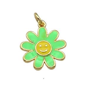 copper daisy flower pendant with green enamel, happyface, gold plated, approx 15mm [FN28506]