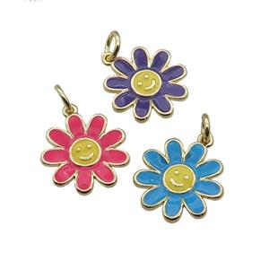copper daisy flower pendant with enamel, happyface, gold plated, mixed, approx 15mm [FN28507]