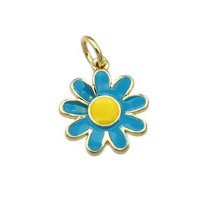 copper daisy flower pendant with teal enamel, gold plated, approx 13mm [FN28508]