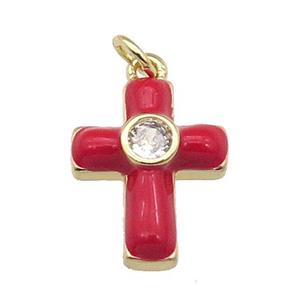 copper Cross pendant pave zircon with red enamel, gold plated, approx 14-18mm [FN28519]
