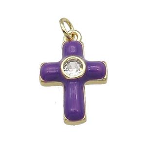 copper Cross pendant pave zircon with purple enamel, gold plated, approx 14-18mm [FN28520]
