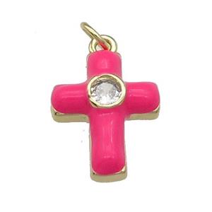 copper Cross pendant pave zircon with hotpink enamel, gold plated, approx 14-18mm [FN28522]