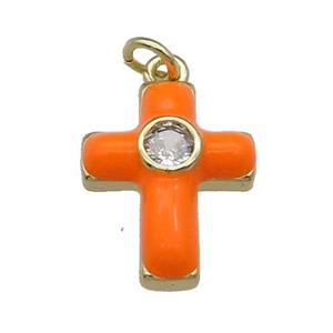 copper Cross pendant pave zircon with orange enamel, gold plated, approx 14-18mm [FN28523]
