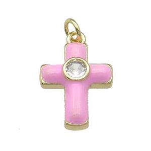 copper Cross pendant pave zircon with pink enamel, gold plated, approx 14-18mm [FN28524]