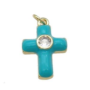copper Cross pendant pave zircon with teal enamel, gold plated, approx 14-18mm [FN28526]