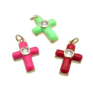 copper Cross pendant pave zircon with enamel, gold plated, mixed, approx 14-18mm [FN28528]