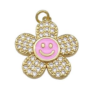 copper sunflower pendant pave zircon with pink enamel happyface, gold plated, approx 21mm [FN28537]