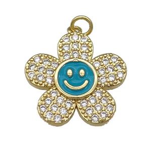 copper sunflower pendant pave zircon with teal enamel happyface, gold plated, approx 21mm [FN28538]