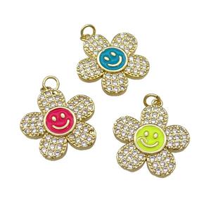 copper sunflower pendant pave zircon with enamel happyface, gold plated, mixed, approx 21mm [FN28540]