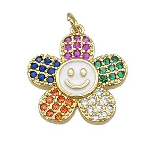 copper sunflower pendant pave zircon with white enamel happyface, gold plated, approx 21mm [FN28541]