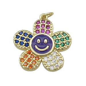 copper sunflower pendant pave zircon with purple enamel happyface, gold plated, approx 21mm [FN28542]