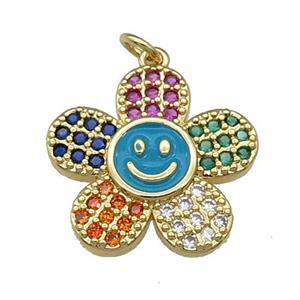 copper sunflower pendant pave zircon with teal enamel happyface, gold plated, approx 21mm [FN28543]