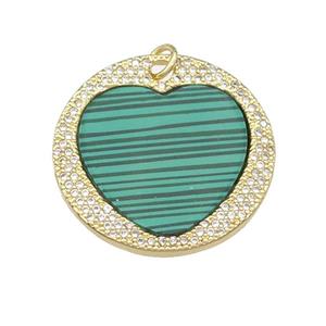 copper circle Heart pendant paved Malachite, zircon, gold plated, approx 27mm [FN28545]