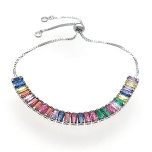 copper Bracelet pave multicolor zircon, adjustable, platinum plated, approx 7mm, 9-23cm length [FN28588]