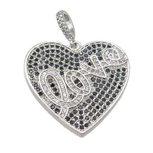 copper Heart pendant pave black zircon, LOVE, platinum plated, approx 28mm [FN28601]