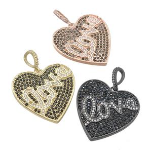 copper Heart pendant pave black zircon, LOVE, mixed, approx 28mm [FN28604]