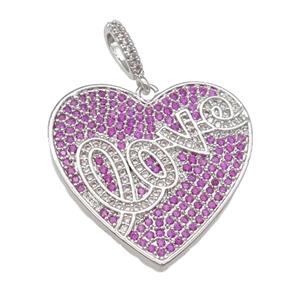 copper Heart pendant pave hotpink zircon, LOVE, platinum plated, approx 28mm [FN28606]