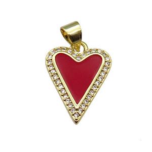 copper Heart pendant pave zircon with red enamel, gold plated, approx 13-16mm [FN28617]