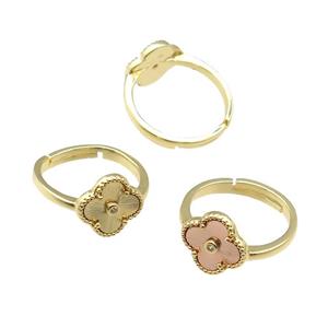 copper Clover Ring, adjustable, gold plated, mixed, approx 12mm, 18mm dia [FN28751]