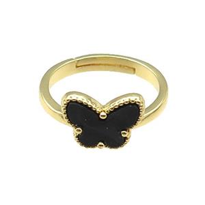 copper Butterfly Ring pave black shell, adjustable, gold plated, approx 10-12mm, 18mm dia [FN28816]