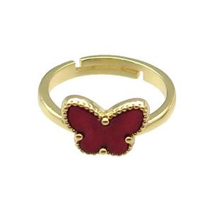 copper Butterfly Ring pave red shell, adjustable, gold plated, approx 10-12mm, 18mm dia [FN28817]