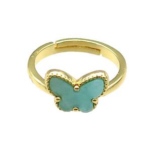 copper Butterfly Ring pave green shell, adjustable, gold plated, approx 10-12mm, 18mm dia [FN28818]