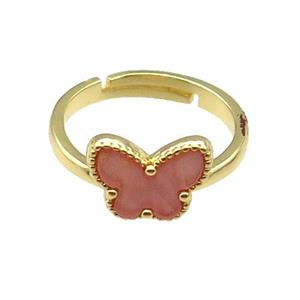 copper Butterfly Ring pave pink shell, adjustable, gold plated, approx 10-12mm, 18mm dia [FN28820]