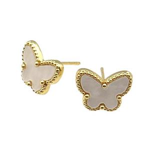 copper Butterfly Stud Earring pave white shell, gold plated, approx 9-12mm [FN28822]