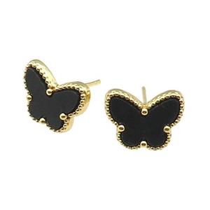 copper Butterfly Stud Earring pave black shell, gold plated, approx 9-12mm [FN28823]