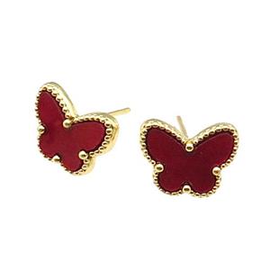 copper Butterfly Stud Earring pave red shell, gold plated, approx 9-12mm [FN28824]
