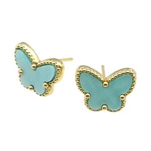 copper Butterfly Stud Earring pave green shell, gold plated, approx 9-12mm [FN28825]