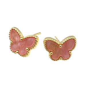 copper Butterfly Stud Earring pave pink shell, gold plated, approx 9-12mm [FN28827]